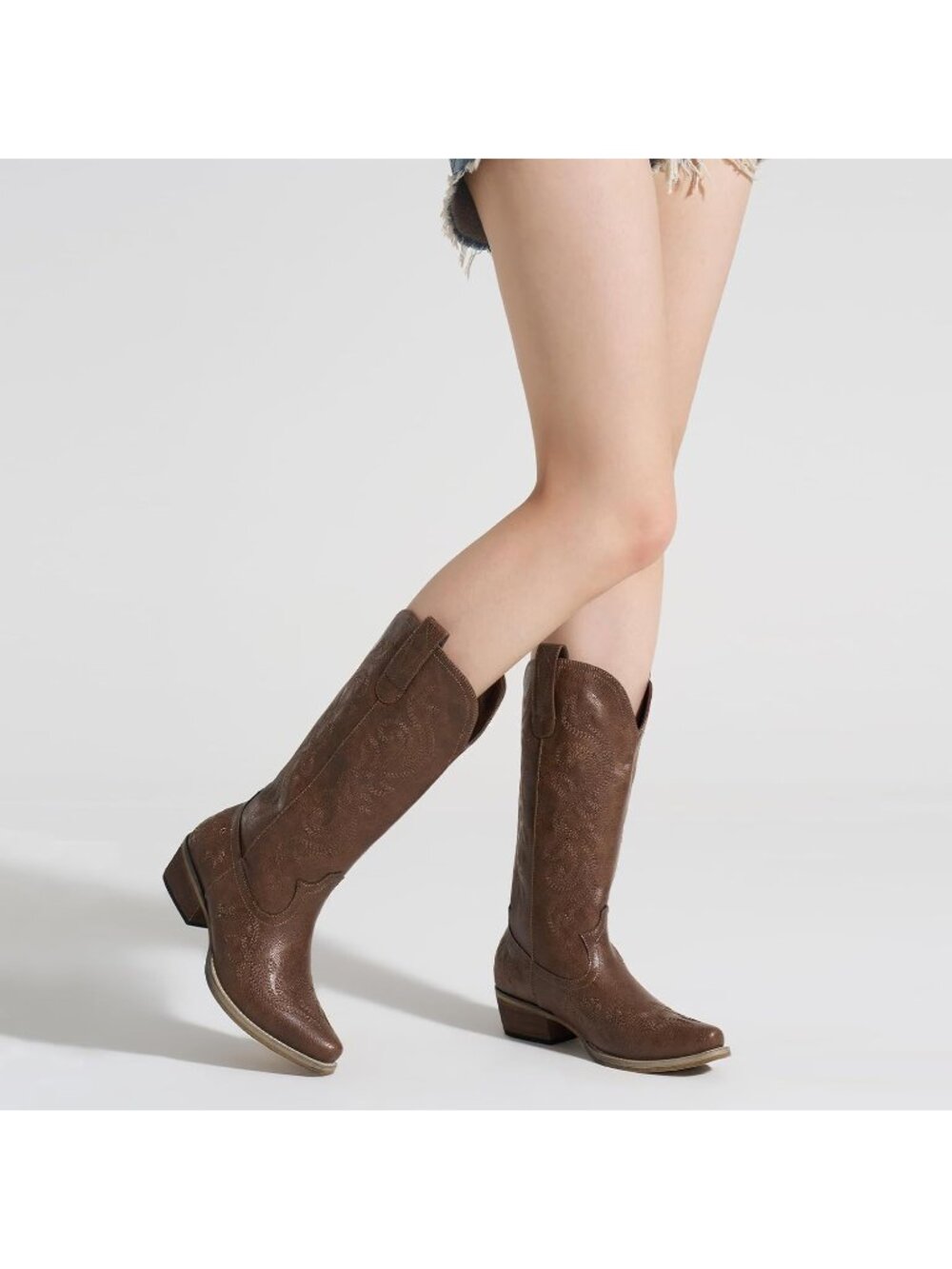 Women's Bronze Floral Embroidery Snip Toe Mid Calf Chunky Heel Cowgirl Boots - Picture 2 of 6